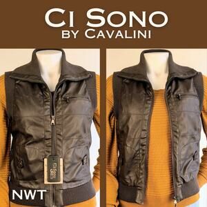 NEW Ci Sono by Cavalini Brown Vegan Faux Leather Cropped Vest Collar Size Small